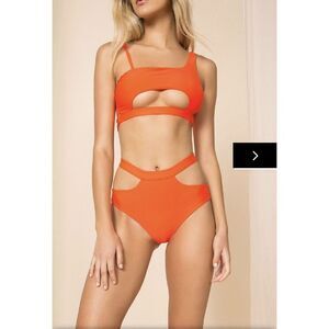 Superdown Koral Cut Out Bikini Swimsuit 2 Piece XS Top SM Bottom Neon Orange NWT